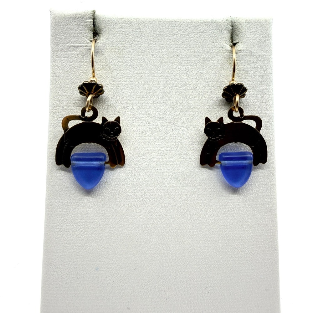 Vintage Brass Black Cat Frosted Blue Glass Heart Drop Dangle Earrings